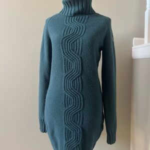 Elegant Teal Cable Knit Turtleneck Sweater Dress